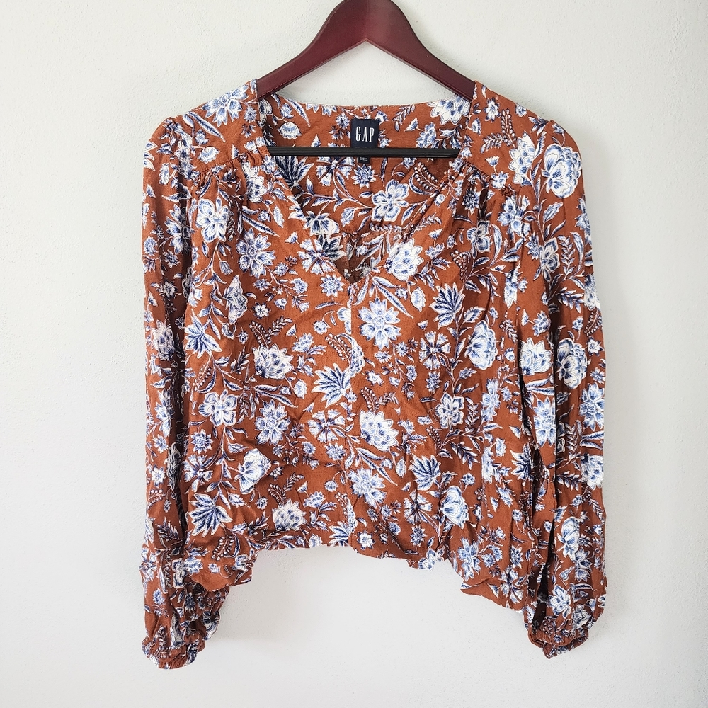 Gap balloon sleeve cropped floral vneck long sleeve blouse size XL